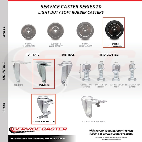 5 Inch SS Soft Rubber Swivel Top Plate Caster Set with Brake
